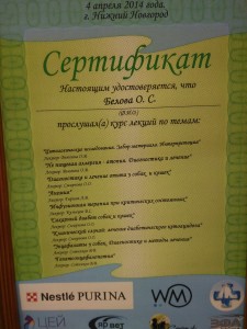 Сертификат ветврача Беловой Ольги Сергеевны - фото